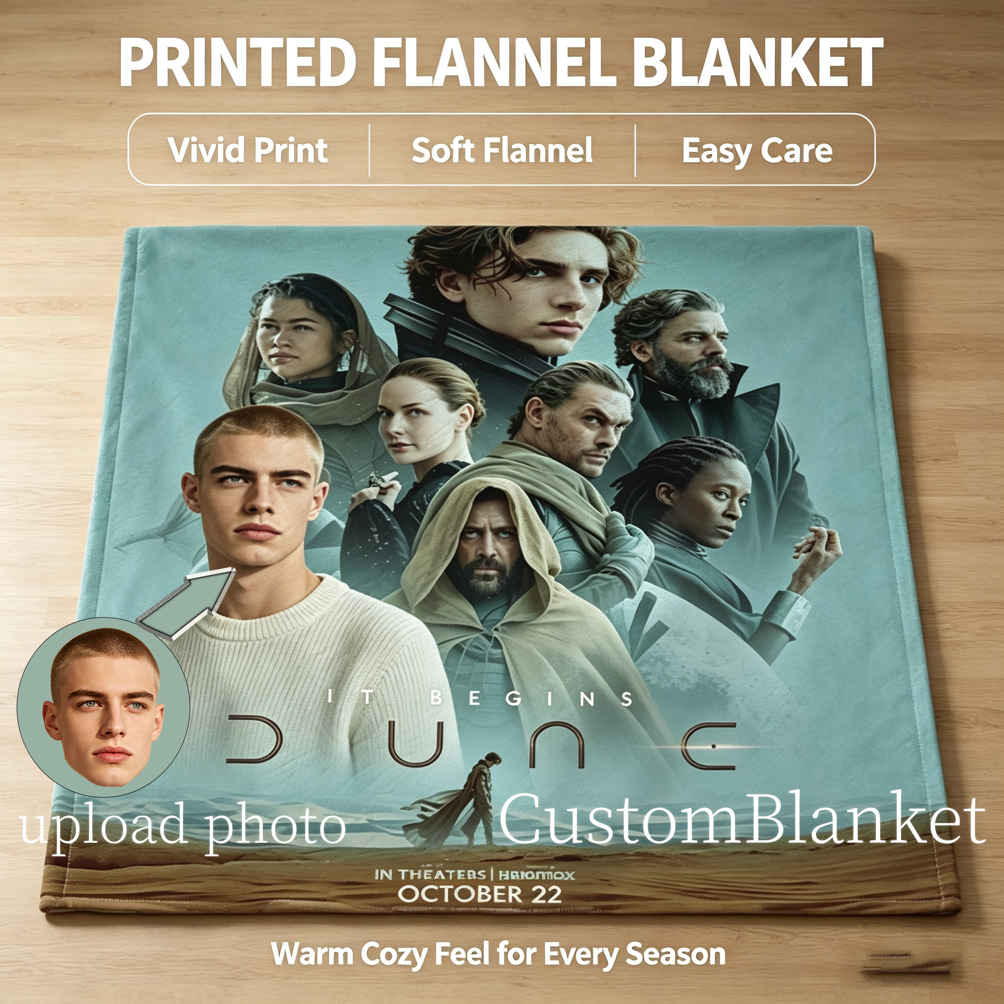Custom Face Blanket Dune Movie Characters Flannel Blanket Perfect for Fans of Sci-Fi Films Ideal Gift or Giveaway for Movie Enthusiasts