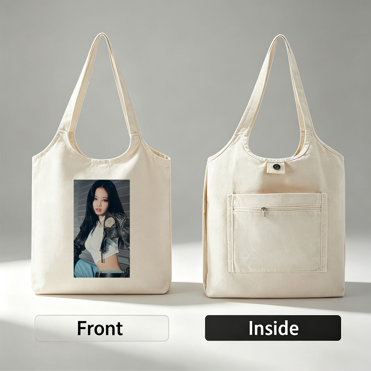 Jennie Kim in a Stylish Leather Jacket and Crop Top Pose - Canvas shoulder bags/
