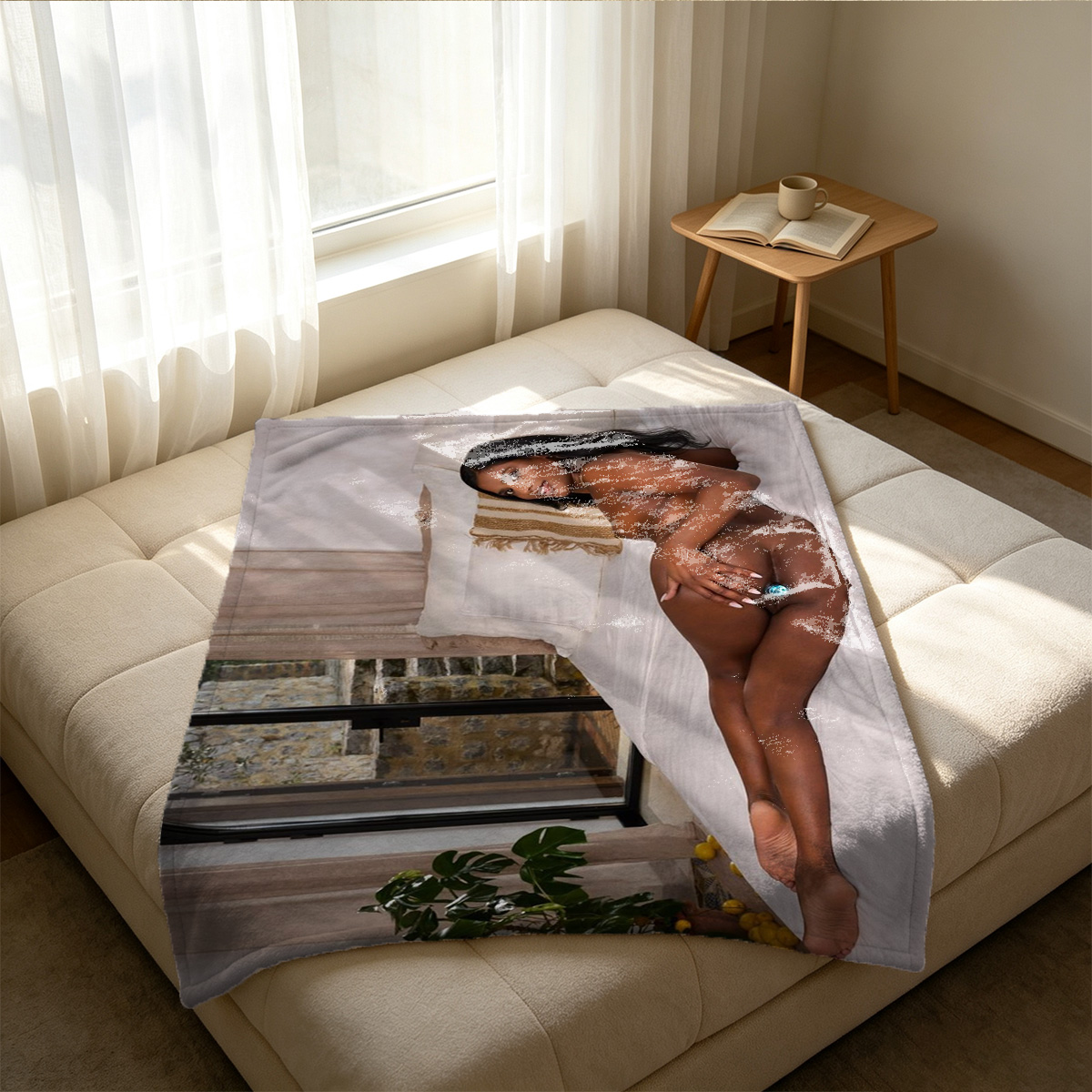 Nude Blonde Kneeling by Window - Blanket