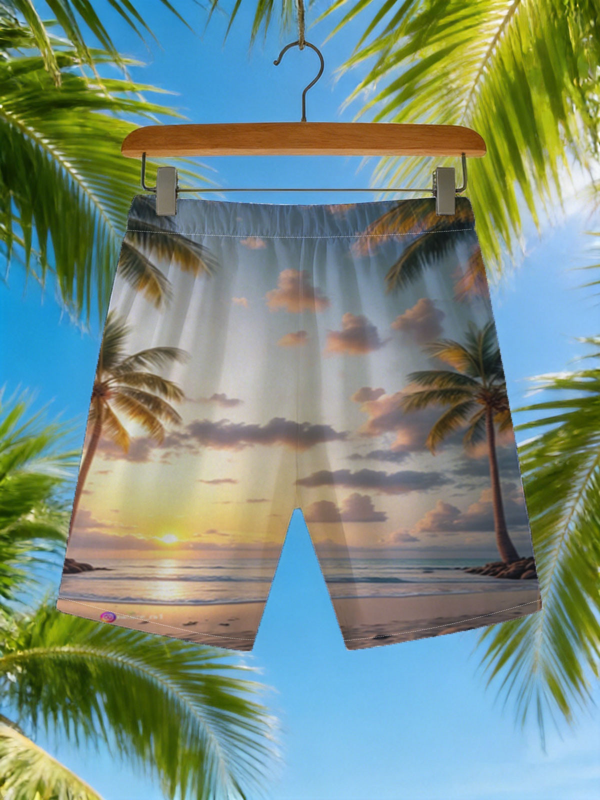 Tropical Sunset Beach with Palm Trees and Calm Ocean -  Beach shorts