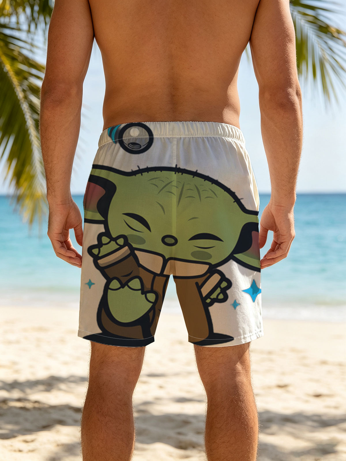 Baby Yoda Hugging a Cup with Stars and Droid in Background -  Beach shorts