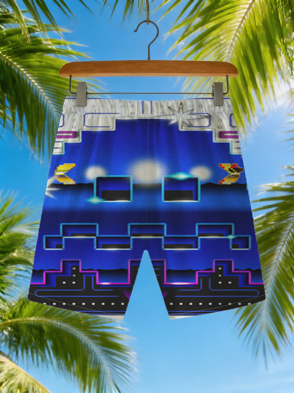 Pac-Man and Ghost in Neon Pixel Maze Adventure -  Beach shorts