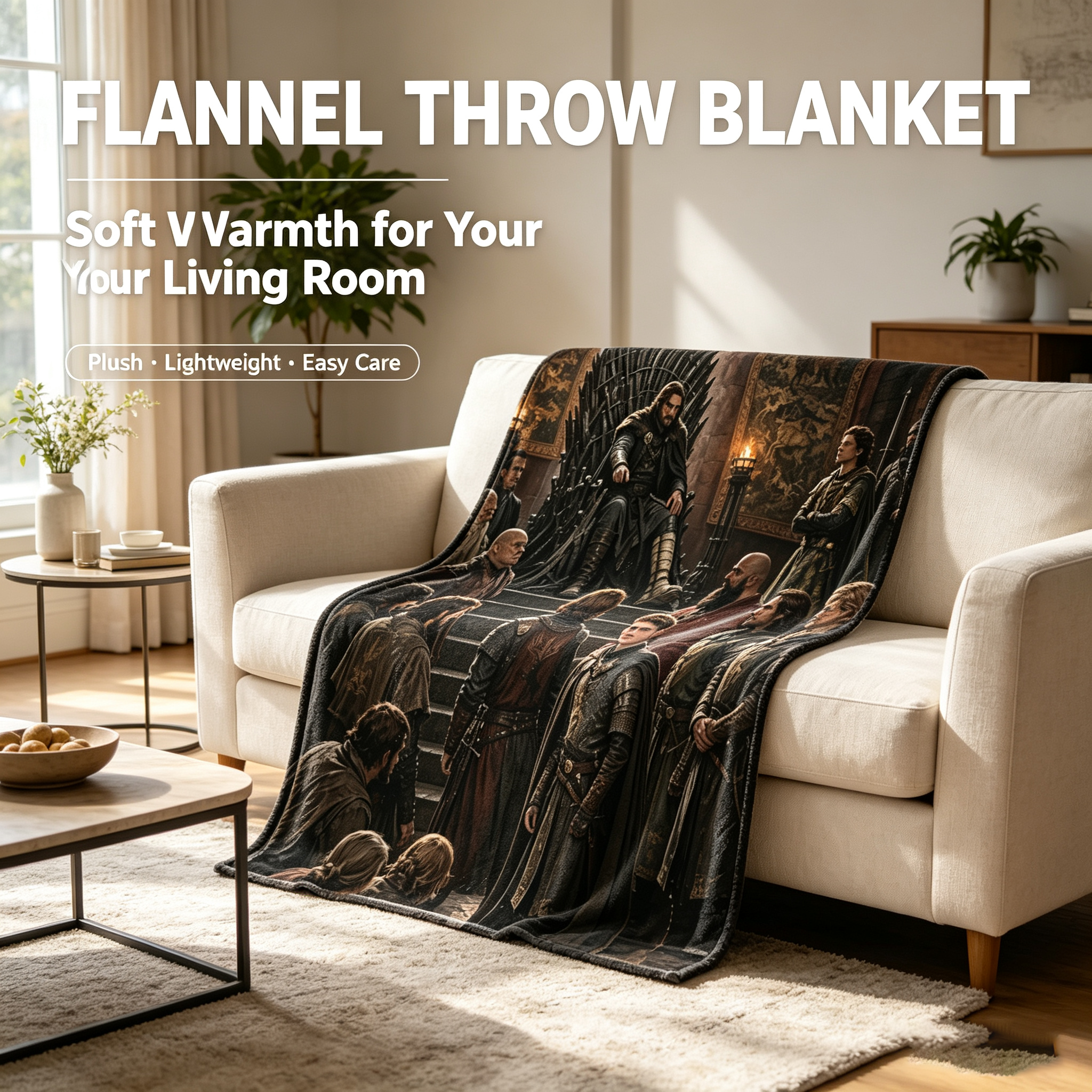 Custom Face Blanket Game of Thrones Iron Throne Scene Flannel Blanket Cozy Living Room Decor Gift for Fans