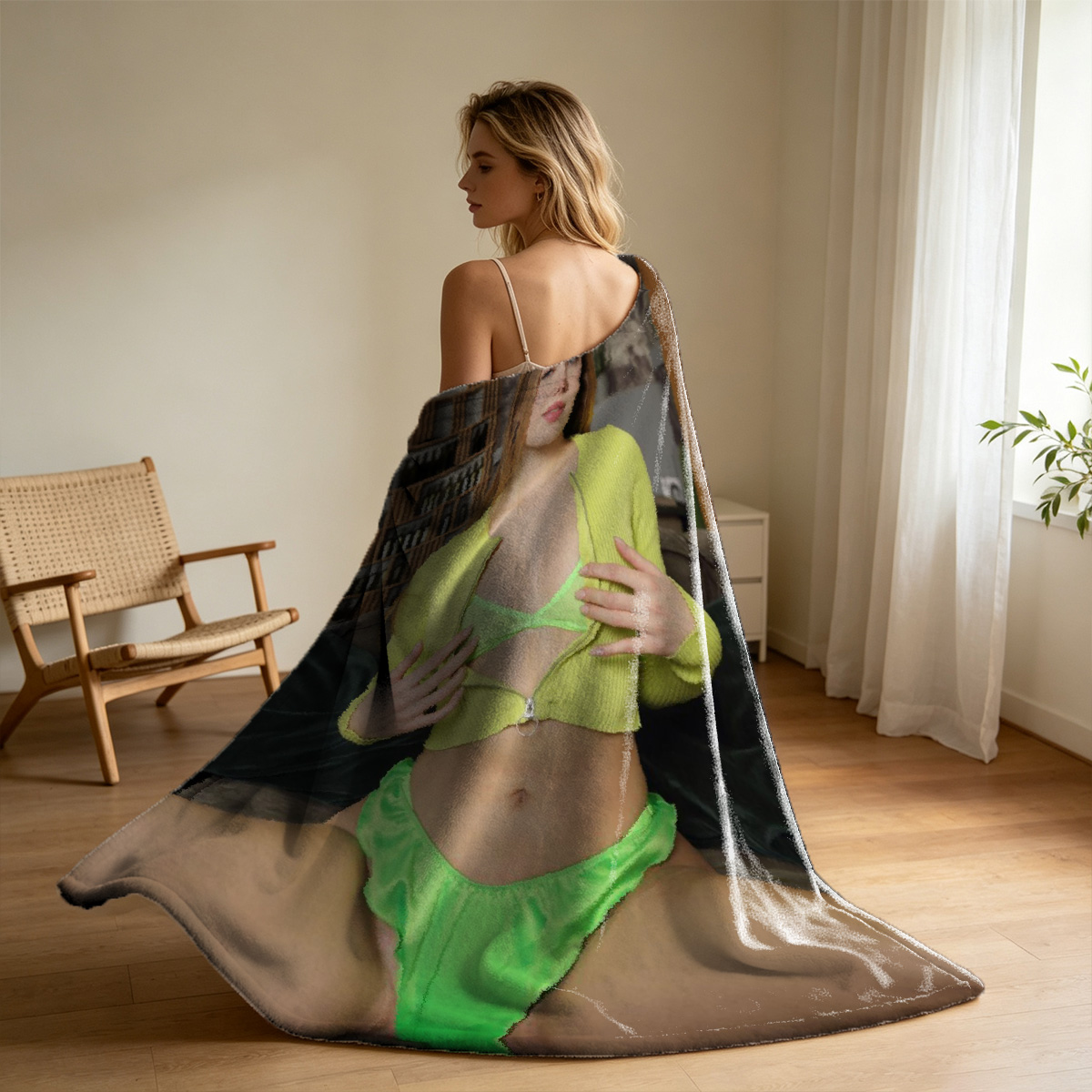 Nude Woman with Back Tattoo Holding Green Fabric on Moscow Rooftop - Blanket