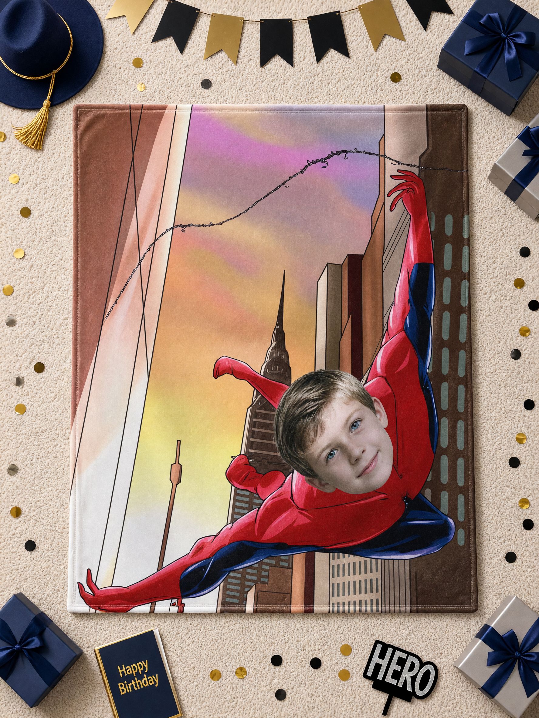 Custom Photo Face Superhero Blanket Personalized Cozy Flannel Fleece Throw for Kids Bedroom and Couch