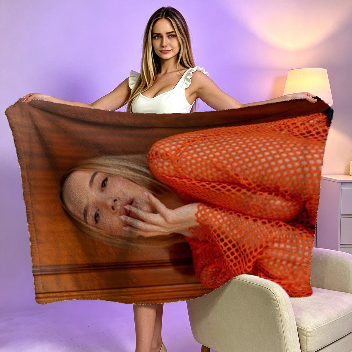 Nude Emma Watson in Thong Panties Sitting on Chair - Blanket