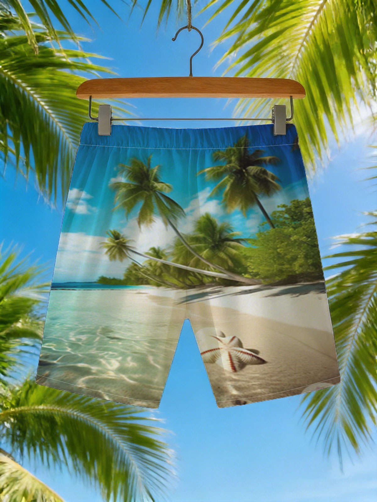 Tropical Beach with Palm Trees and Starfish -  Beach shorts