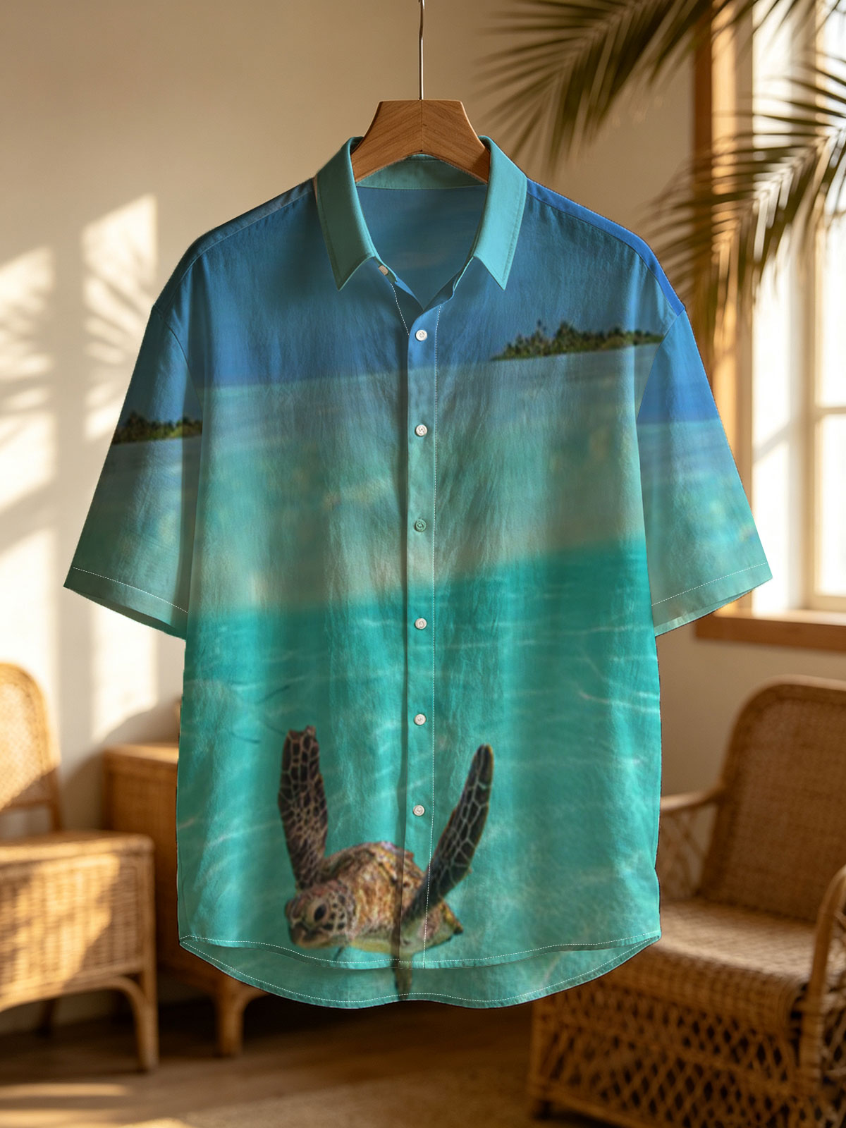 Sea turtle swims in crystal-clear turquoise waters near a tropical island. -  Shirt