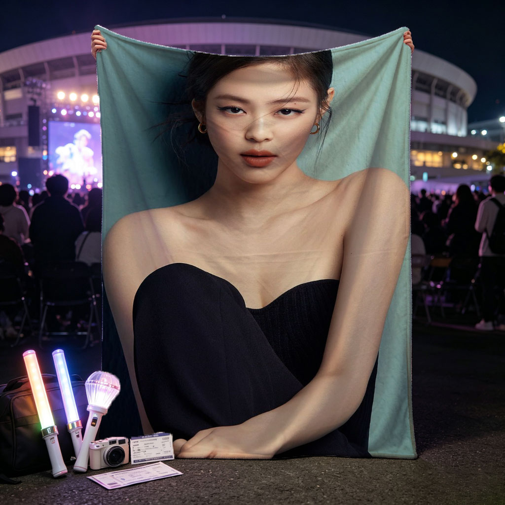 Jennie Kim in Elegant Black Strapless Dress Against Teal Background - Blankets