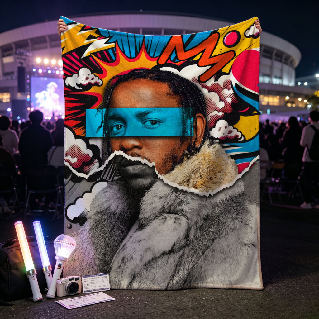 Kendrick Lamar in a Fur Coat with Comic-Style Background and Blue Eye Mask - Blankets