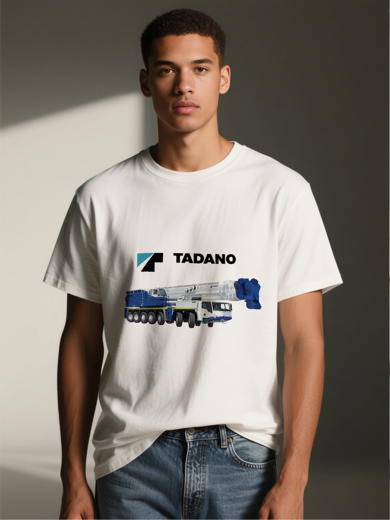 Men's Printed T-Shirt Featuring Tadano Crane Design and Logo - Casual Round Neck Lightweight Breathable Summer Short Sleeve Tee for Construction Enthusiasts, Heavy Equipment Lovers, and Outdoor Workers