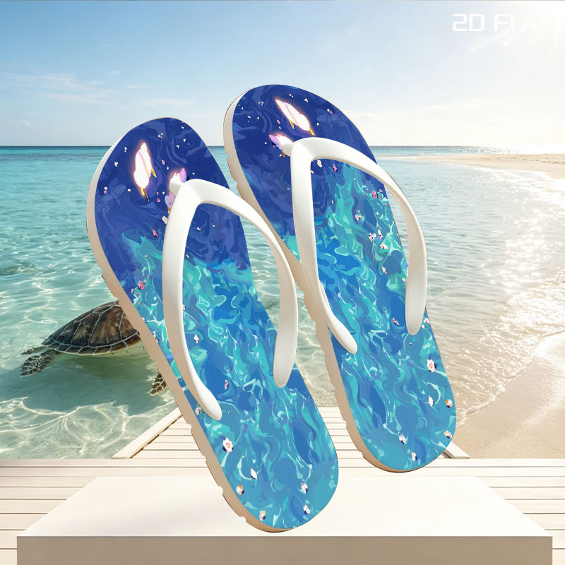 Ducks floating on a vibrant blue pond with scattered petals -  flip-flops