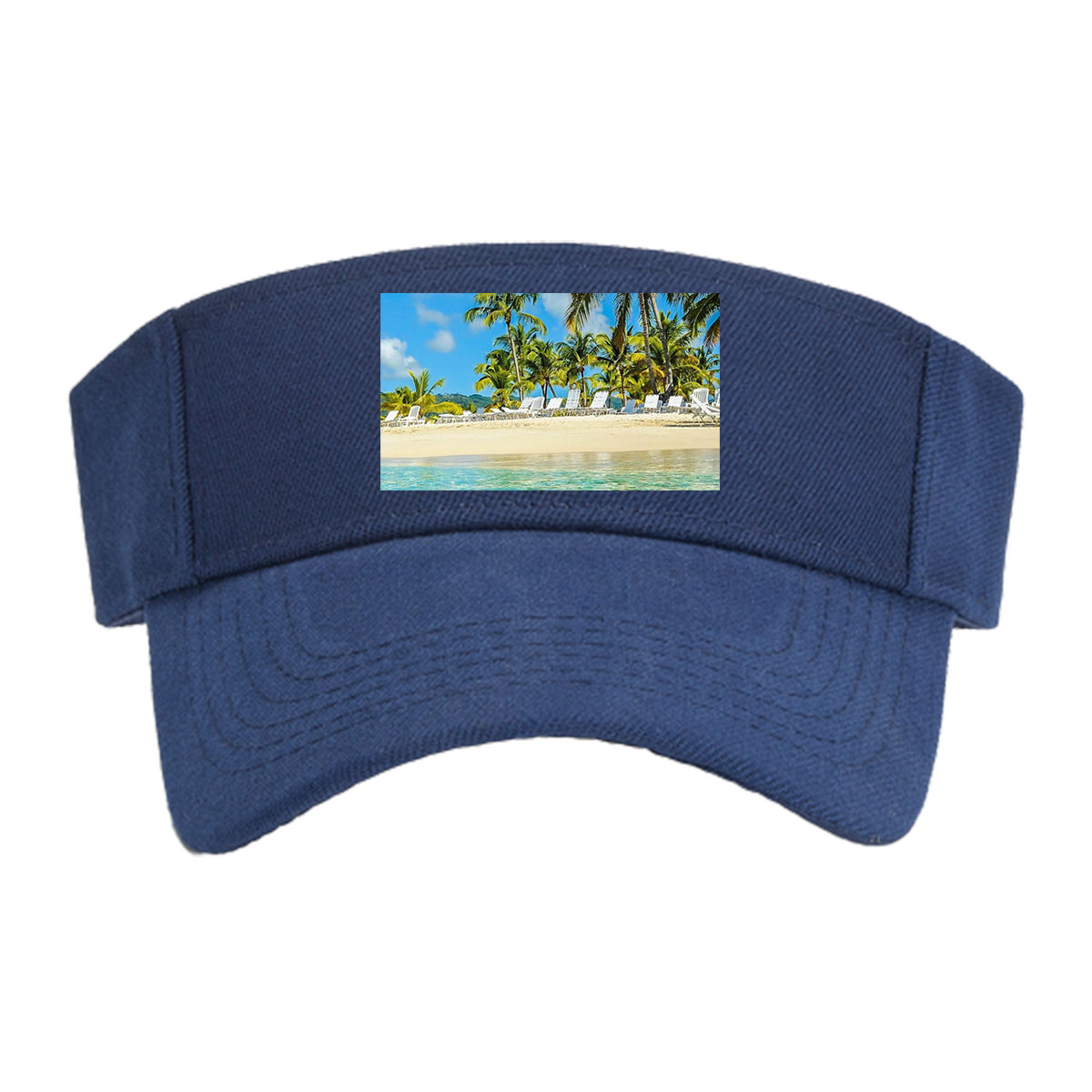 Crystal clear waters meet sandy beach with palm trees and lounge chairs under a bright blue sky. -  Visor cap