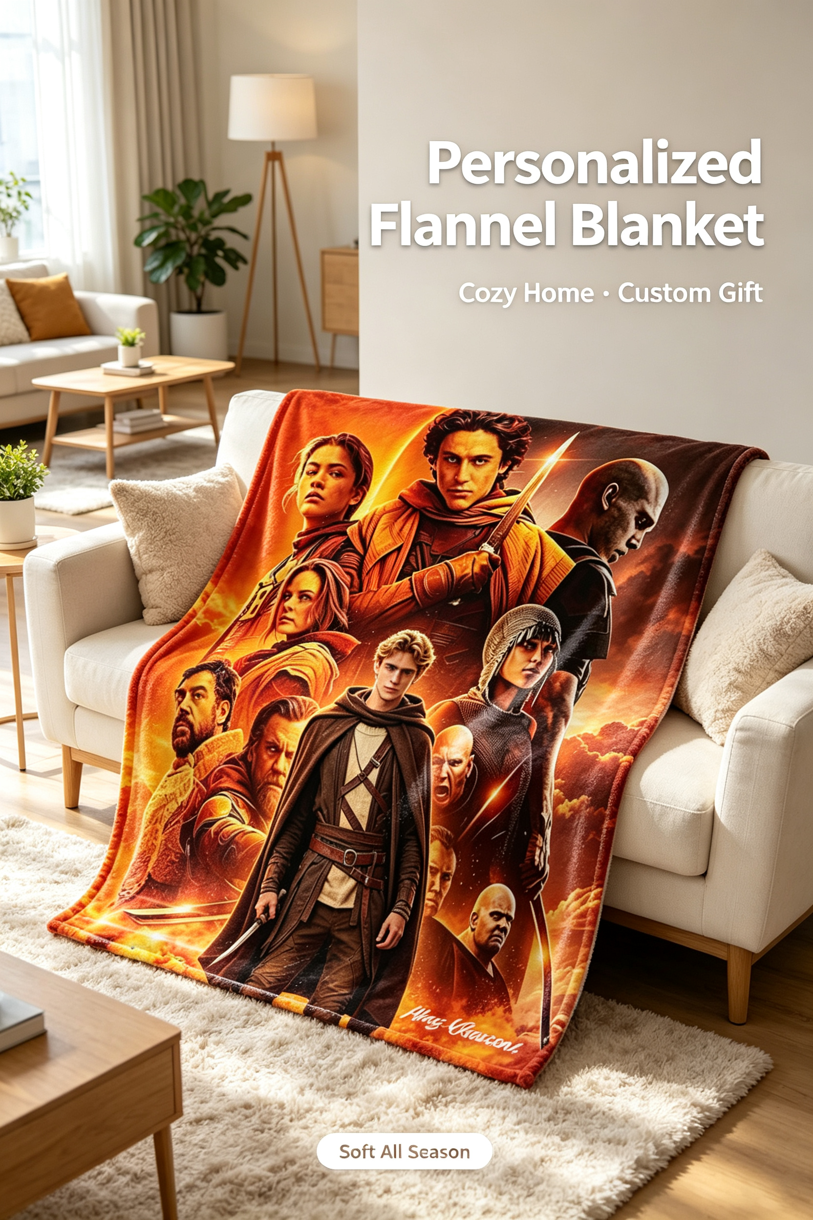 Custom Face Blanket Dune Movie Characters Flannel Blanket Cozy Home Decor Gift for Fans and Collectors