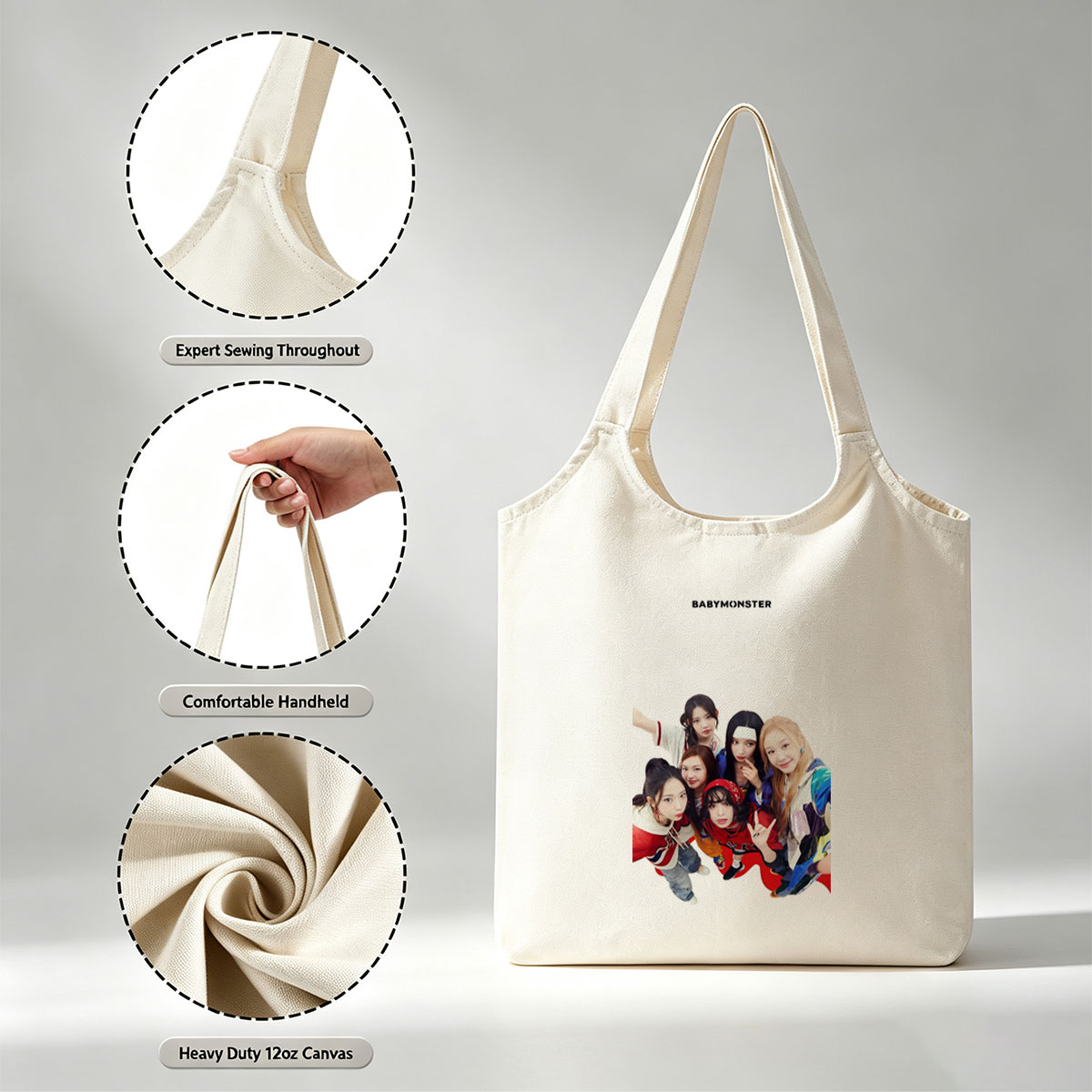 BABYMONSTER Group Photo - Five Members Posing Playfully in Colorful Outfits Against White Background - Canvas shoulder bags/