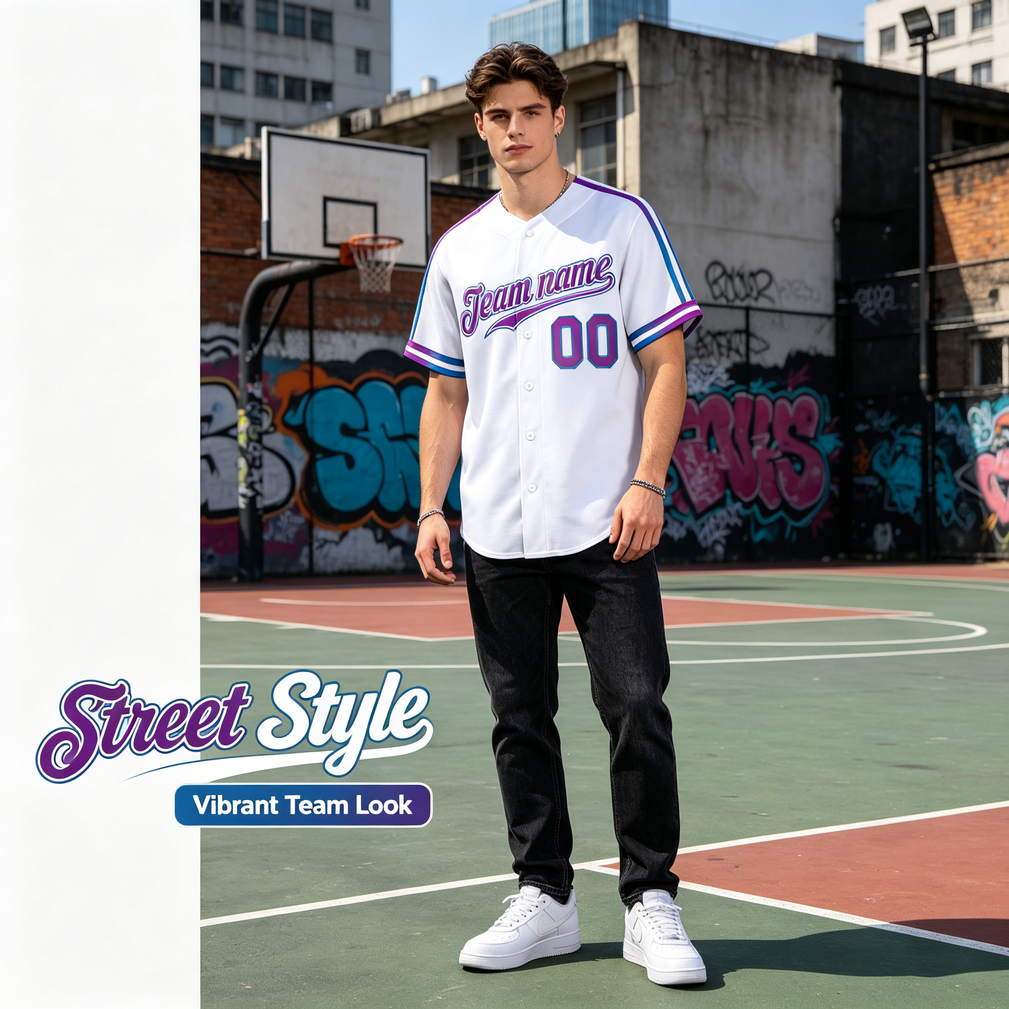 Custom Printed Kansas City Crown Letter Style Baseball Jersey White Gradient Blue Purple Button Down Shirt for Men and Women