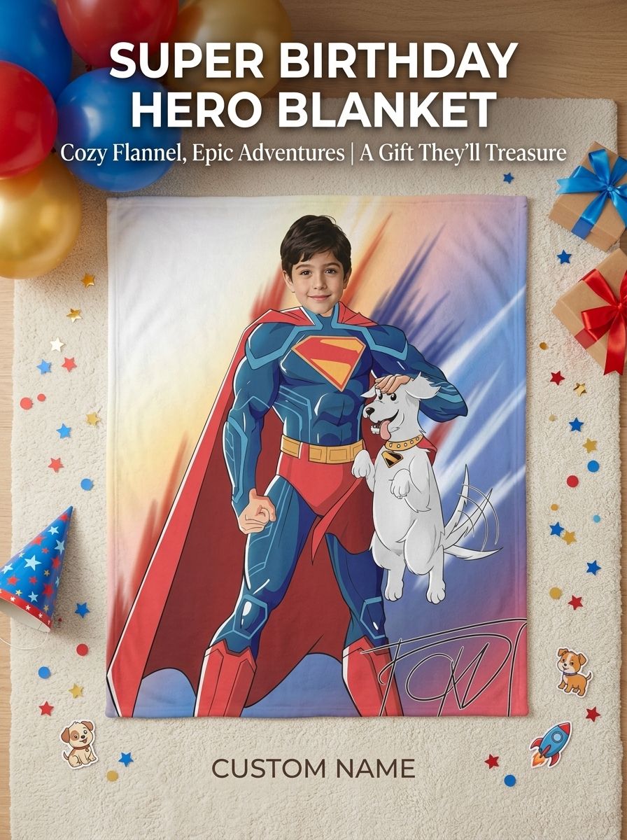 Custom Face Superhero Flannel Blanket, Personalized Photo Plush Throw for Kids and Adults, Cozy Bed and Couch Gift