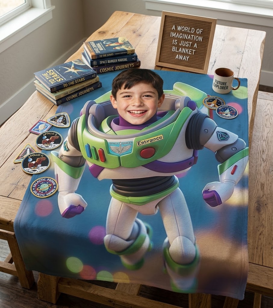 Personalized Space Ranger Photo Fleece Blanket – Custom Face Galactic Hero Soft Throw for Kids & Toddlers, Bedroom Bedding & Birthday Gift