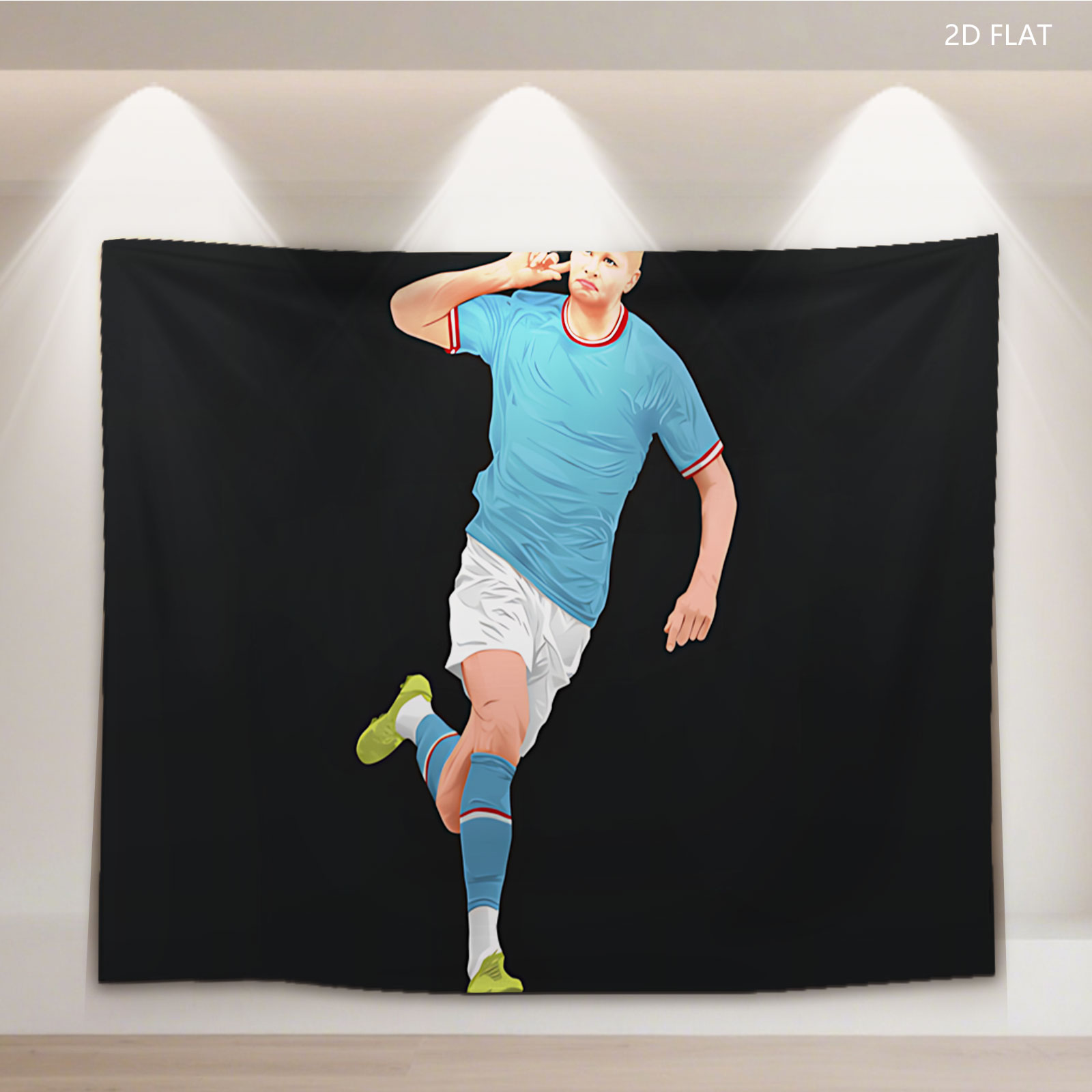 Erling Haaland in Action, Wearing Blue Jersey and White Shorts, Celebrating a Goal with a Finger to the Ear Gesture - Tapestry