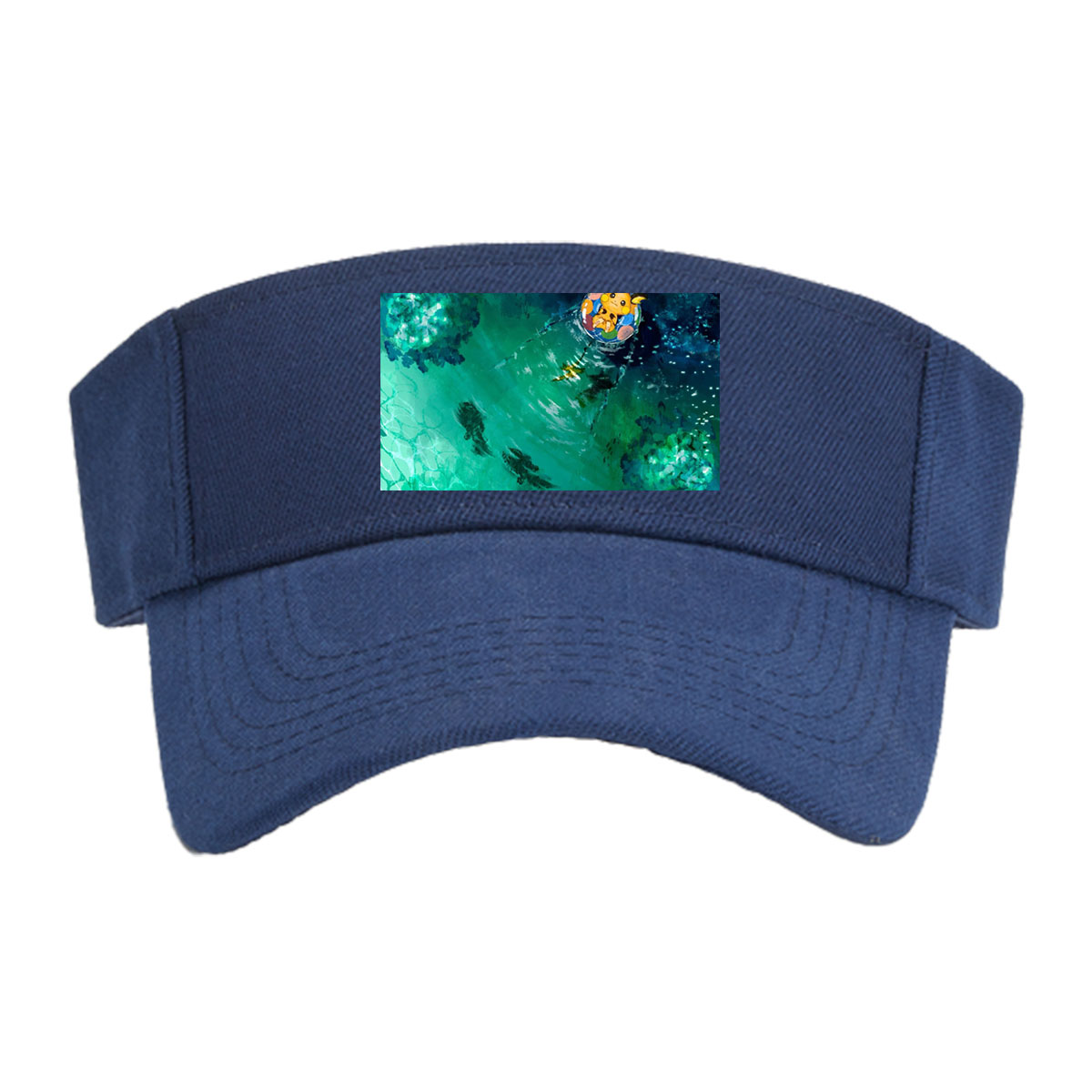 Pikachu floating on a colorful ring in a serene, turquoise pool with fish swimming below. -  Visor cap