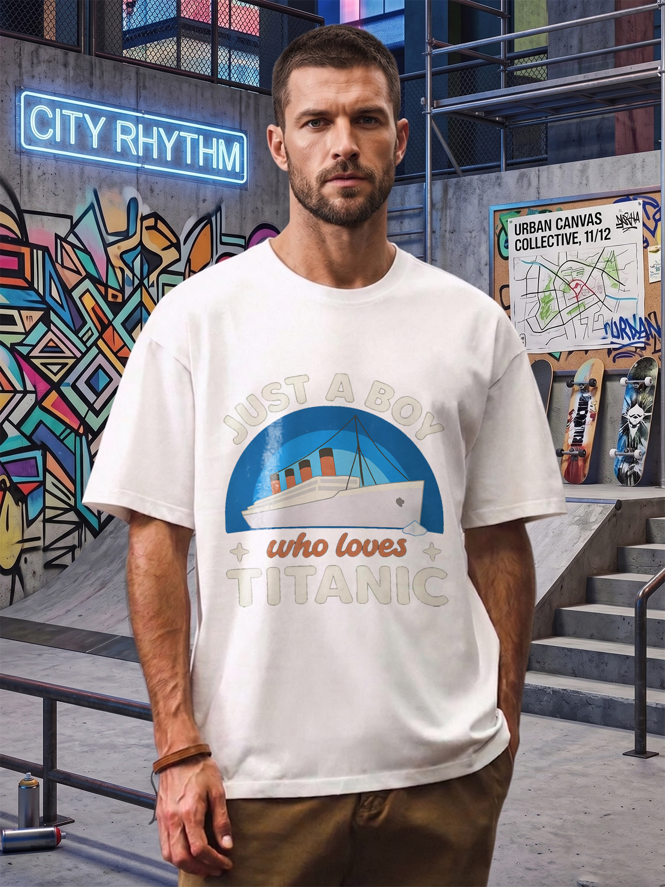 Men's Printed T-Shirt Just a Boy Who Loves Titanic Graphic Design Casual Round Neck Summer Lightweight Breathable Short Sleeve Tee for Titanic Fans and Movie Enthusiasts