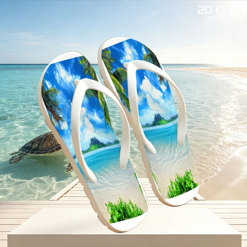 Tropical Beach with Crystal Clear Water and Lush Greenery -  flip-flops