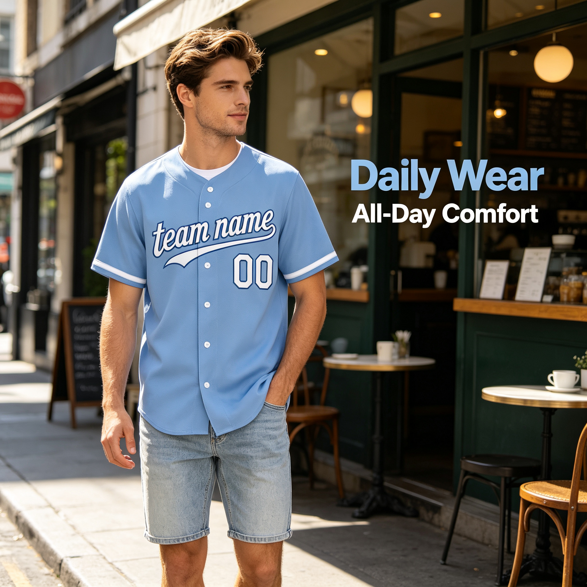 Custom Printed Kansas City Script Style Baseball Jersey Powder Blue White Trim Button Down Shirt for Men and Women