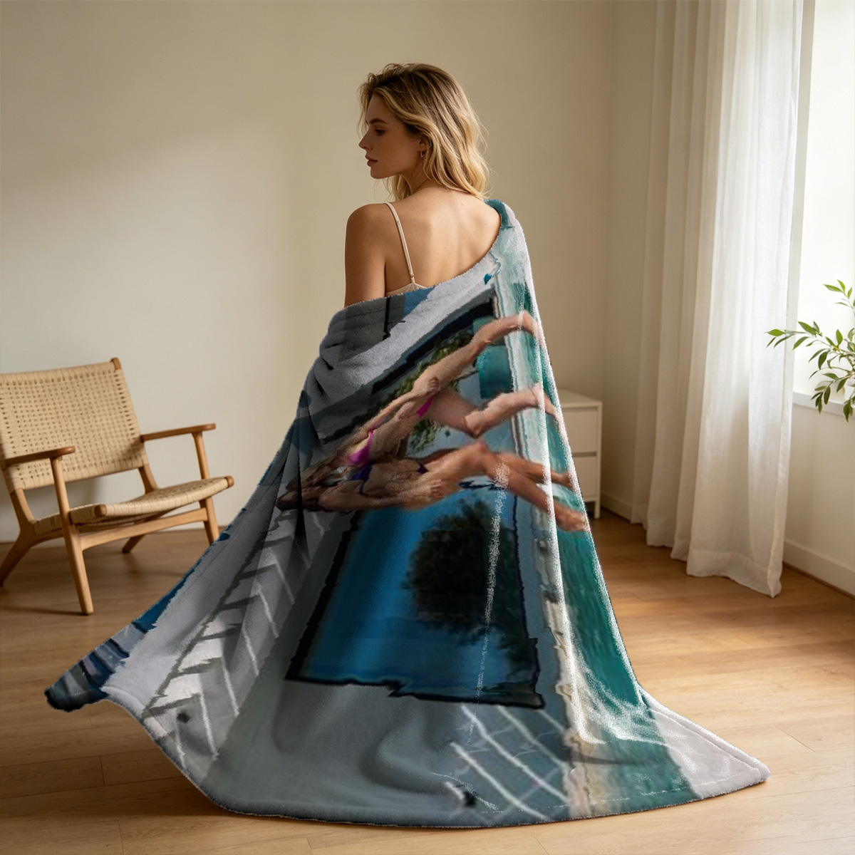 Nude woman posing on blue vintage chair - Blanket