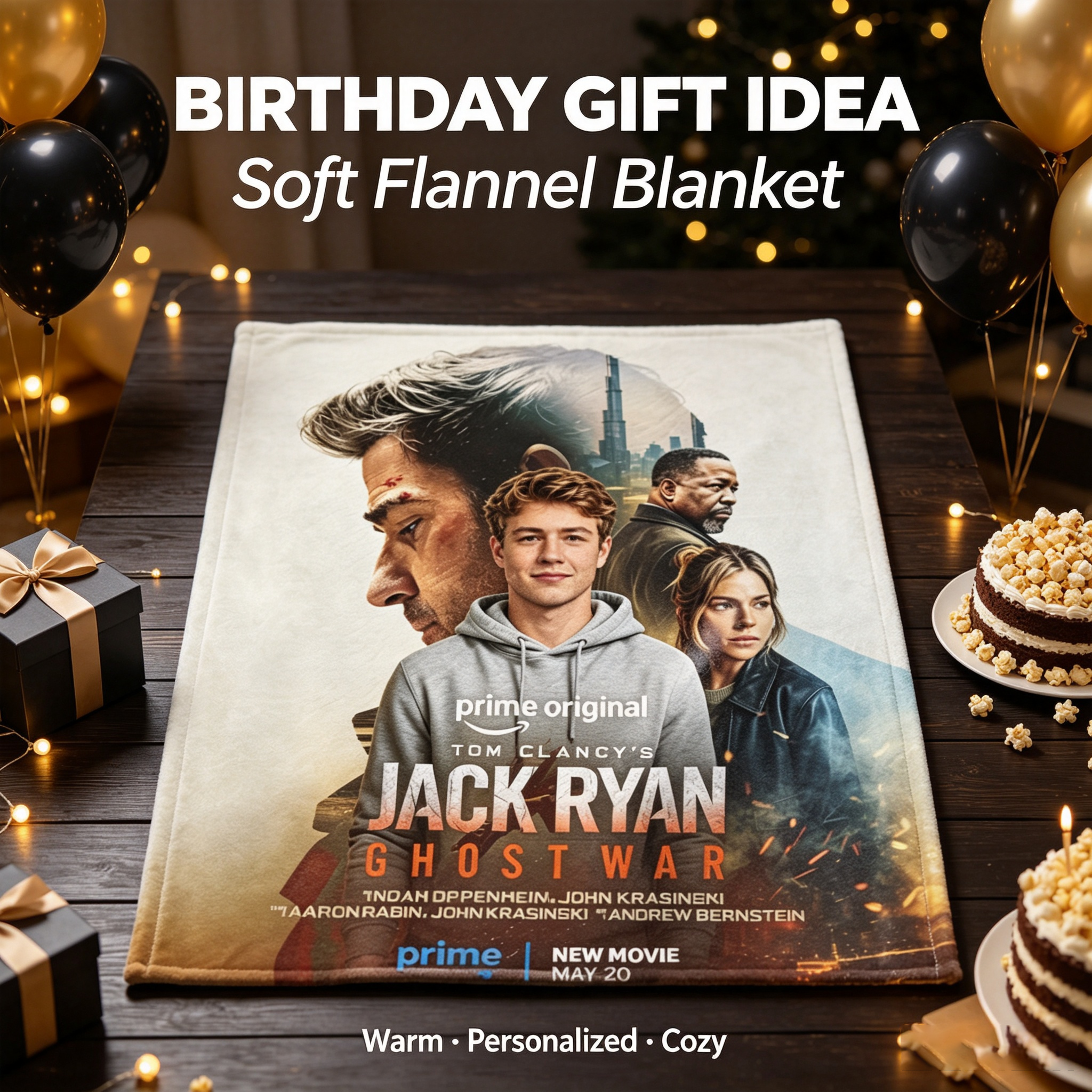 Custom Face Blanket Tom Clancy's Jack Ryan Ghost War Flannel Blanket Movie Fan Gift for Home or Travel Comfort and Cozy Decor