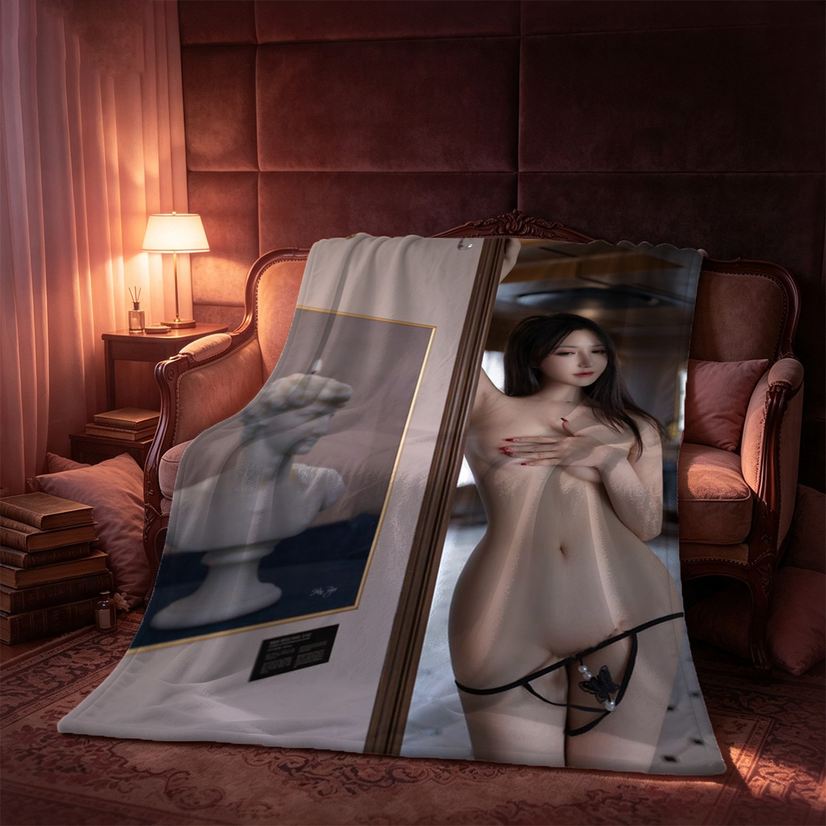 Nude redhead lying on bed in white sheets. - Blanket
