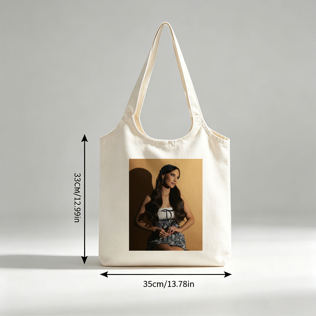 Lana Del Rey in a Stylish Blue and White Dress with Lace-Up Detail on a Warm Background - Canvas shoulder bags/