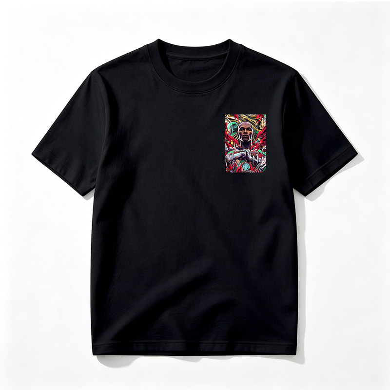 Abstract Portrait of a Futuristic Warrior with Vibrant, Dynamic Background - Tee