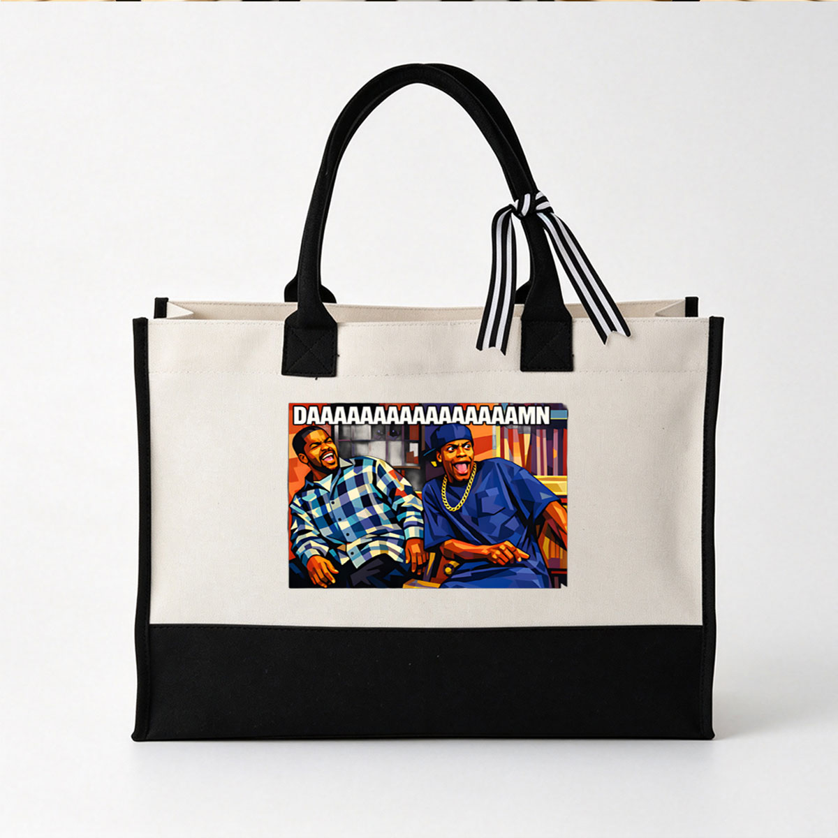DAAAAMN: Two Men Reacting with Shock and Laughter - Canvas patchwork gift tote bag