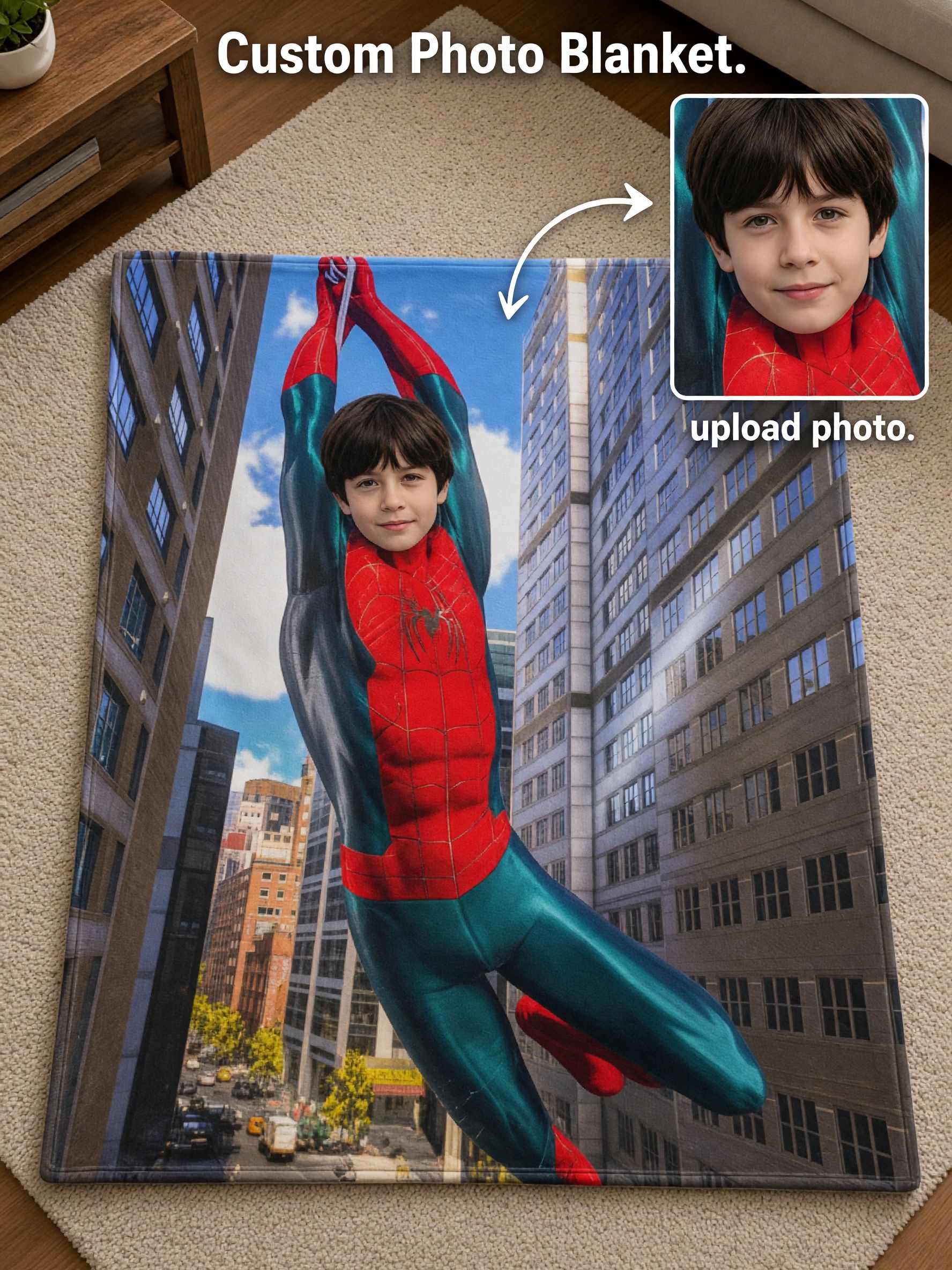 Personalized Superhero Face Photo Blanket Ultra Soft Flannel Throw Cozy Bedding Gift for Kids