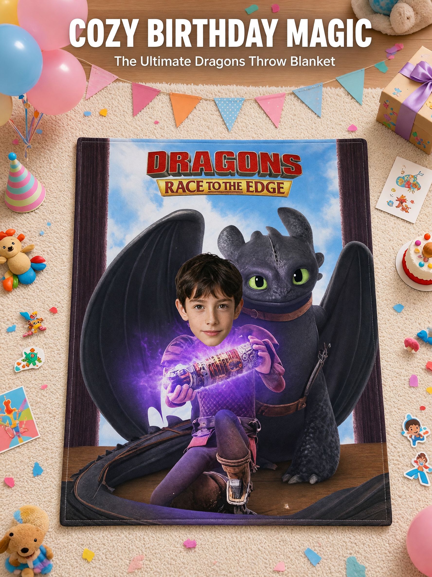 Custom Face Photo Dragon Flannel Blanket, Personalized Plush Fleece Throw for Kids and Movie Fans, Ideal Cozy Gift