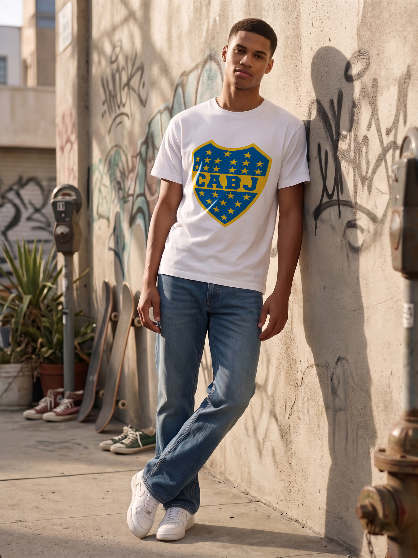 Men's Printed T-Shirt with CABJ Shield Logo and Stars Design, Casual Round Neck Summer Lightweight Breathable Short Sleeve Tee for Sports Fans and Everyday Wear, Suitable for Adults and Football Enthusiasts