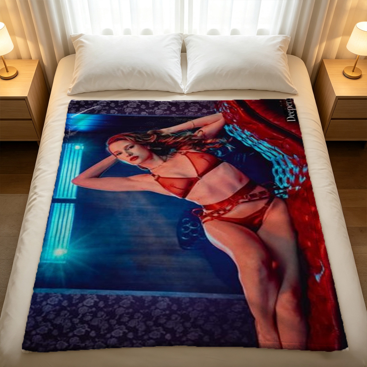 Red Lingerie Seduction on Velvet Couch - Blanket