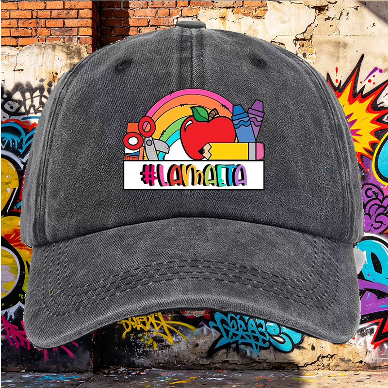 Men's Printed Washed Cap with Rainbow Apple Crayon Design #LAMAAETA Casual Round Neck Summer Lightweight Washed Hat for Outdoor Activities and Daily Wear Adults Unisex Style