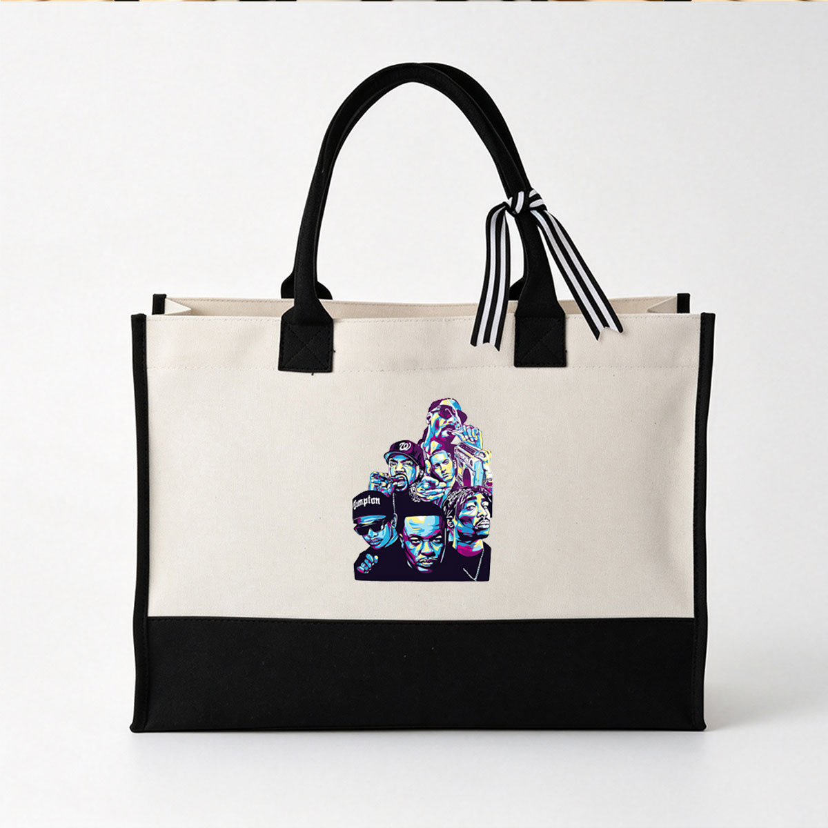 Compton Rappers: Dr. Dre, Snoop Dogg, Eazy-E, Ice Cube, and The D.O.C. in Vibrant Pop Art Style - Canvas patchwork gift tote bag