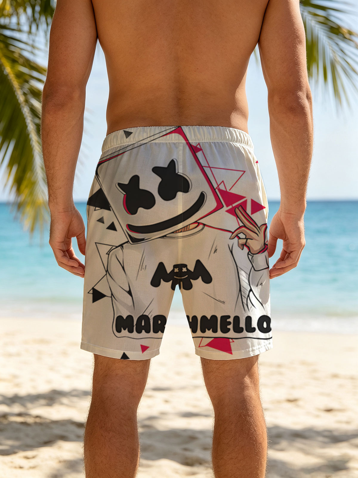 Marshmello DJ Music Artist with Iconic Helmet and Red Triangles -  Beach shorts
