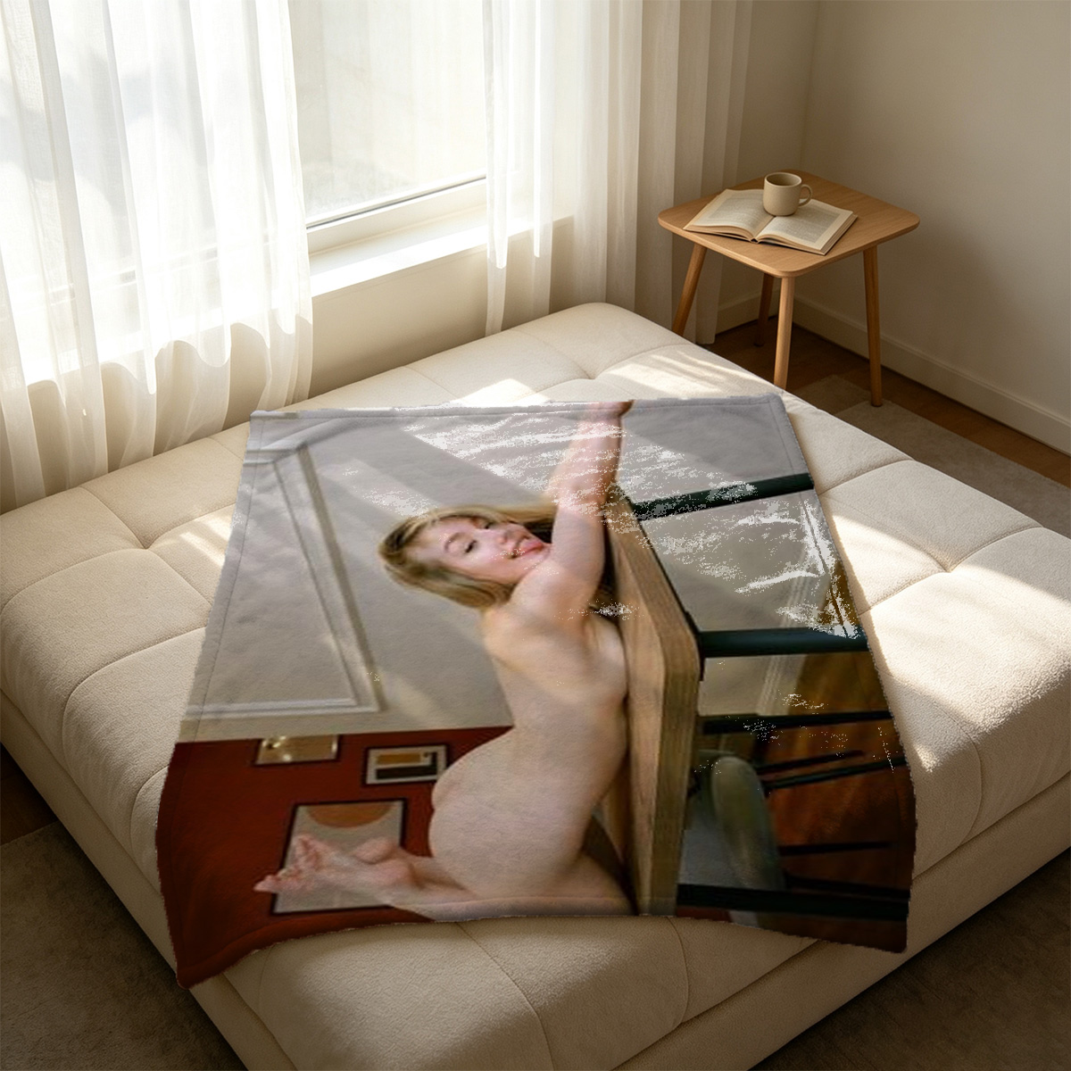 Chinese Beauty Posing Nude on Rock by River - Blanket