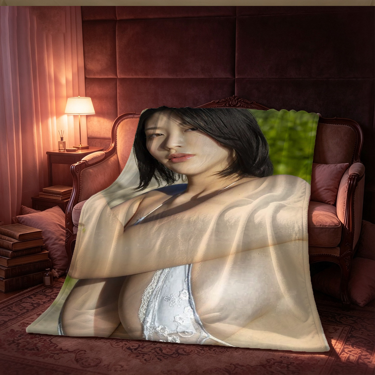 Nude woman standing in ocean waves at beach, back view - Blanket