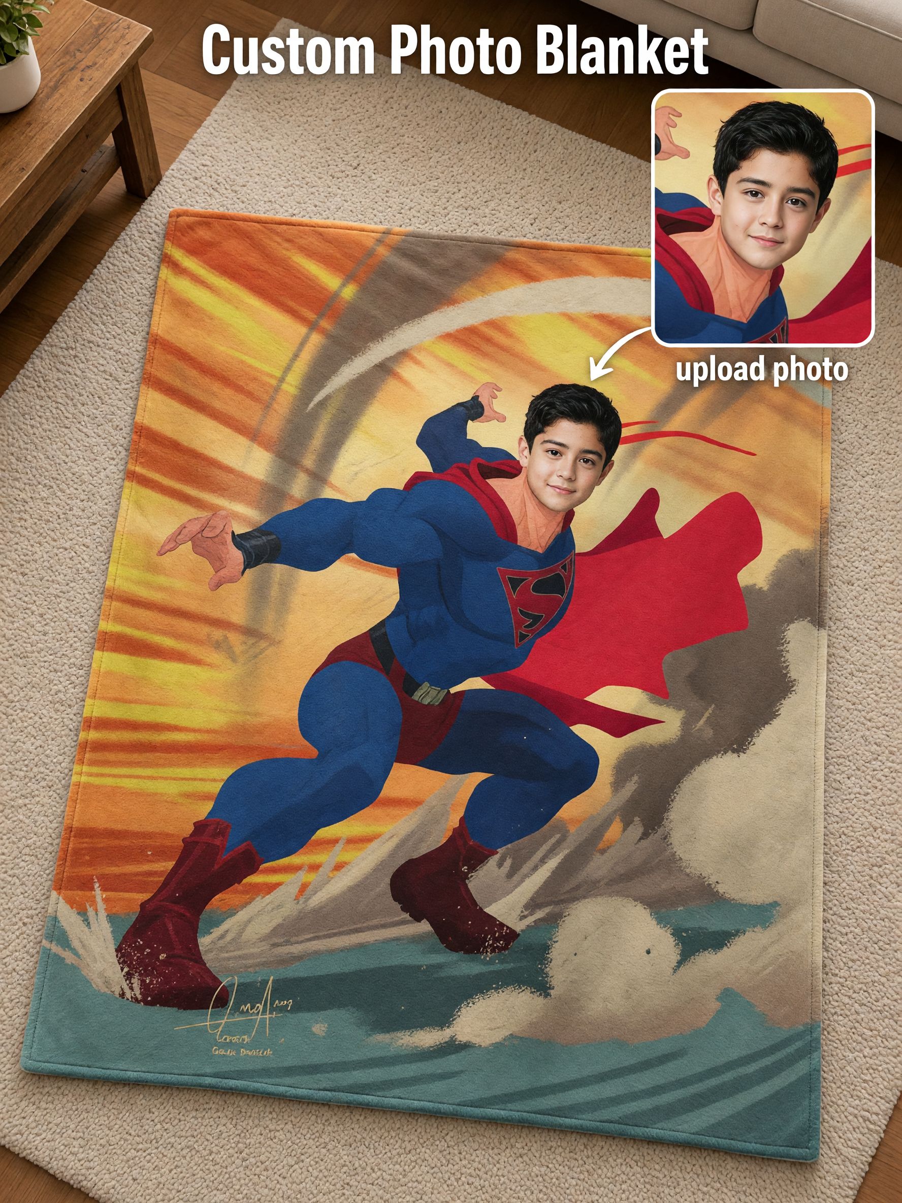 Custom Superhero Face Photo Blanket, Ultra Soft Anti-Pilling Flannel Fleece Throw, Ideal Personalized Gift for Kids