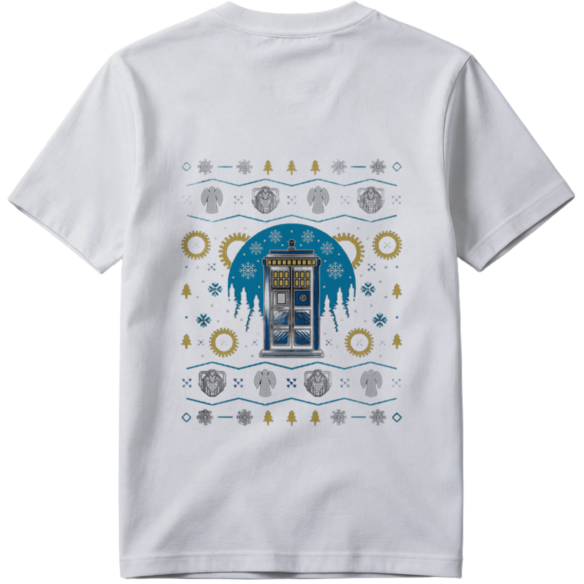 Doctor Who Christmas Sweater Design Featuring TARDIS, Weeping Angels, and Cybermen - Tee