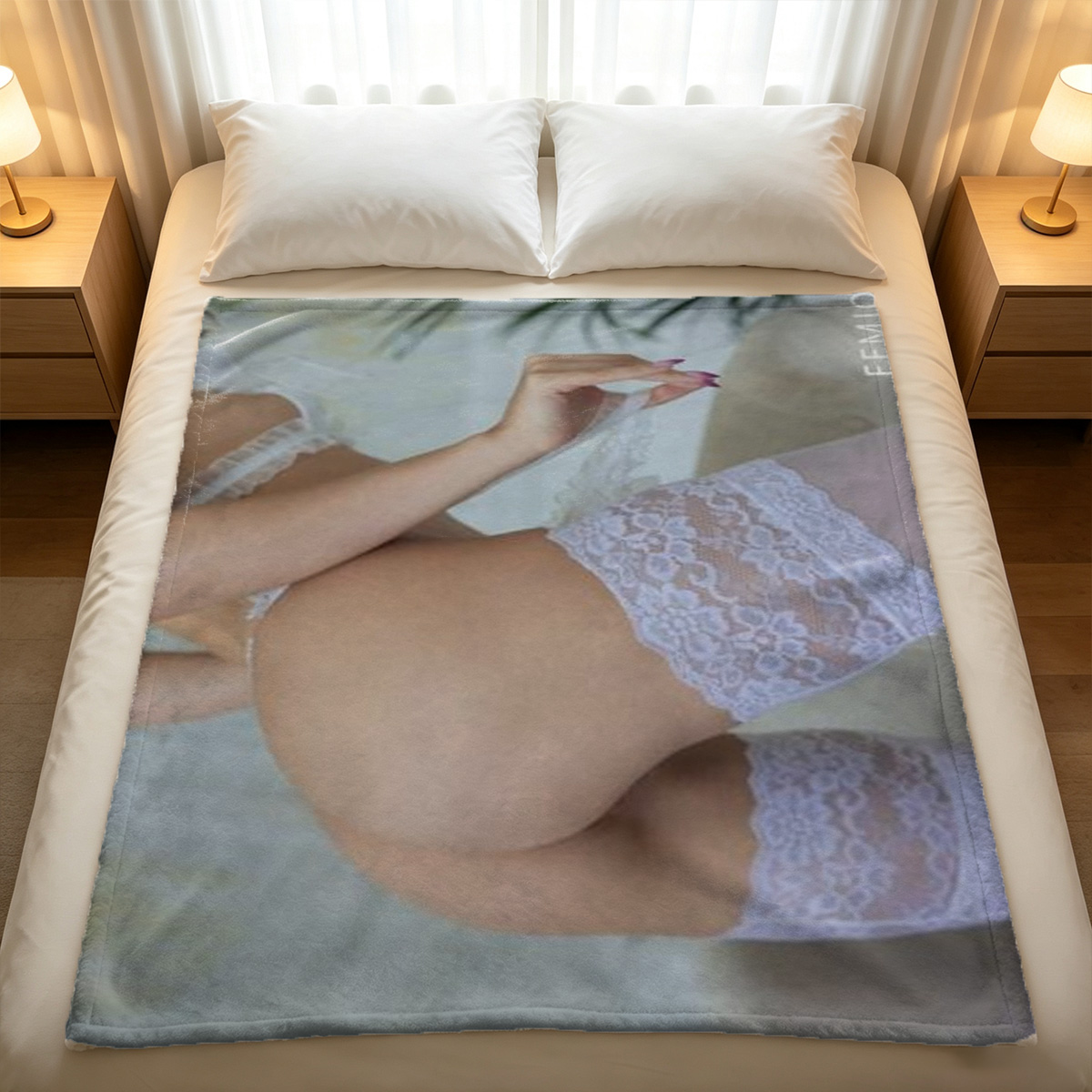 Nude blonde kneeling on couch looking back over shoulder - Blanket
