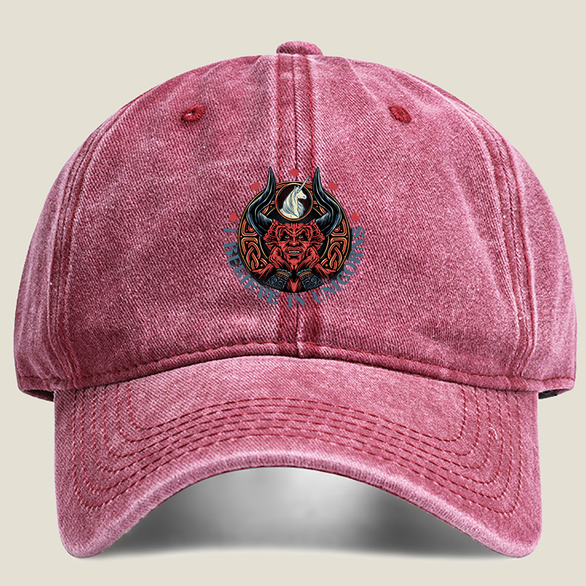 I Believe in Unicorns - Devil and Unicorn Design - Washed Denim - Baseball Cap