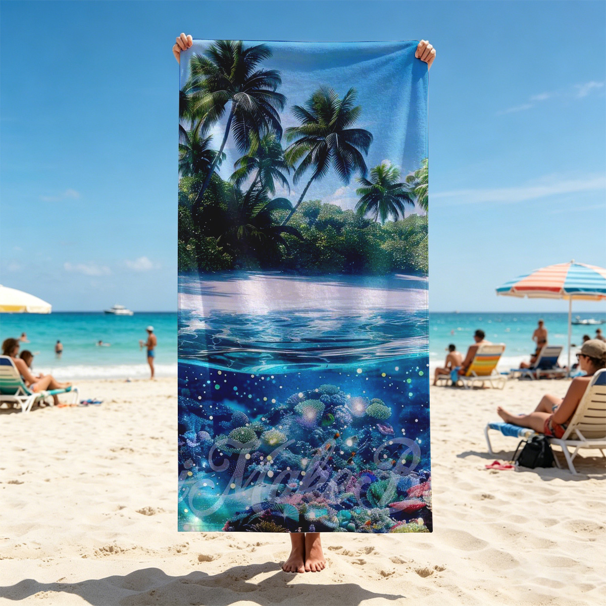 Tropical Paradise with Vibrant Coral Reef and Palm Trees - Beach towels