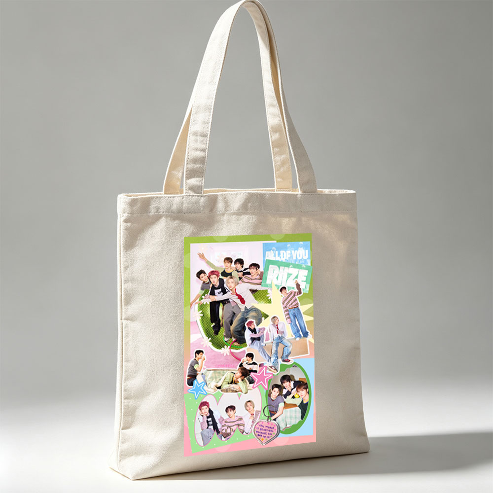 RIIZE Group in Vibrant Collage Pose with Colorful Background and Heart-Shaped Message - Canvas tote bags