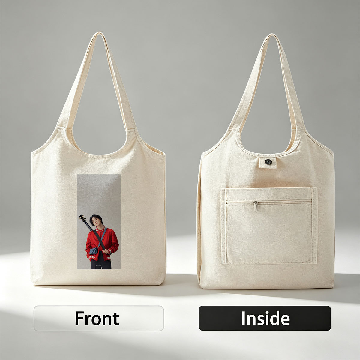 Jungkook with Guitar in Red Jacket and Blue Bag, Standing Against Gray Background - Canvas shoulder bags/