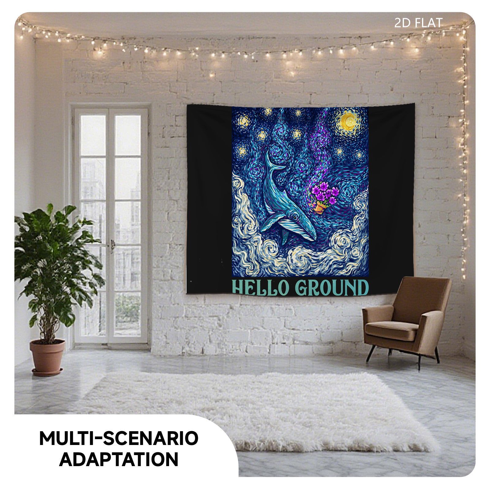 Whale in Starry Night Sky with Purple Flowers and 
